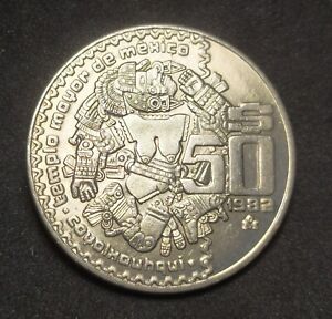 Double Die Reverse and Die Chip error in $50 pesos COYOLXAUHQUI Mexico 1982 #