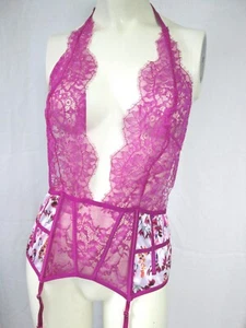 VS Victorias Secret MEDIUM VerySexy Magenta Floral Sheer Lace Halter Garter Slip - Picture 1 of 7