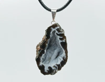 Natural Oco Half Geode Druzy Black White Zebra Brazil Silver Plated Pendant - Image 1 of 4