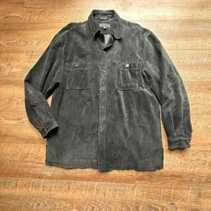 Baracuta Suede Leather Black Button Down Long Sleeve Coat Jacket Top Mens XL - Picture 1 of 9