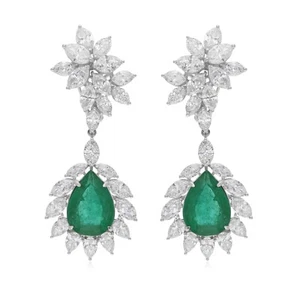 20.21 Tcw SI/H Marquise Diamond Zambian Emerald Dangle Earrings 18k White Gold - Picture 1 of 10
