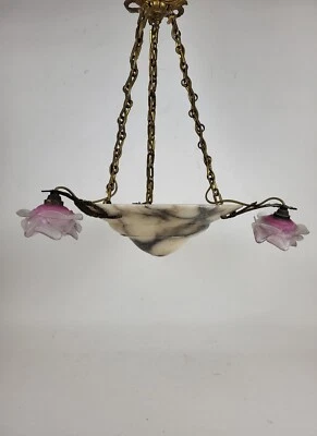 Lustre Suspension Art déco en marbre, laiton et pâte de verre - Photo 1/4