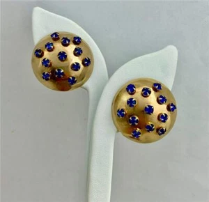 Vintage Blue Prong Set Rhinestones Gold Tone 1-1/4" Dome Clip Earrings - Picture 1 of 3