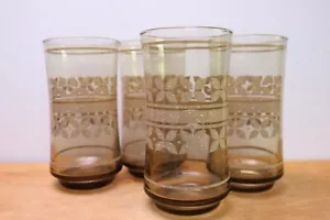 Libbey braunes Glas beige Blumen & Band 4 Glasbecher 5 1/4"" 16 Unzen - Bild 1 von 5