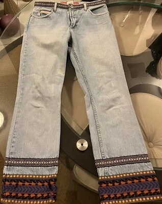 GUESS 牛仔裤 JNCO 风格刺绣触觉复古 Rave Capri Crop Festival 尺寸 28 — 第 1/4 张图片