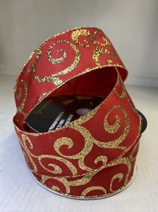 Members Mark Wired Red W/ Gold Metallic Glitter Filigree Swirl Design 2.5" X 50y - Picture 1 of 6