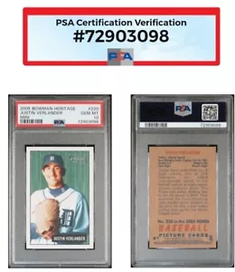 2005 BOWMAN HERITAGE JUSTIN VERLANDER MINI #220 1° ANNO ROOKIE rc PSA 10 pop 7 - Foto 1 di 5
