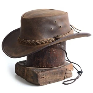 Herren Echtleder australischer westlicher Stil Cowboy hellbraun verrückt Hut braun antik - Bild 1 von 5