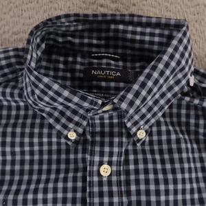 Nautica Shirt Mens L Blue Two Tone Gingham Check 100% Cotton Button Up Pocket - Picture 1 of 11