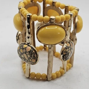 Gold Tone Thick Bracelet Stretch Chunky With Yellow And Multi Colored Beads - Picture 1 of 6