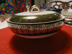 VTG Homer Laughlin Round Covered Veg Dish w/Lid Green Yellow Ivory 8.5" x 5" - Picture 1 of 7