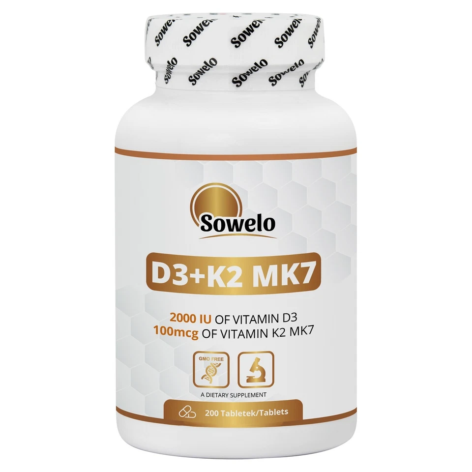 Vitamin D3 + K2 MK7 – Tablets – High Strength – Bone & Heart Support – Sowelo - Image 1 of 4