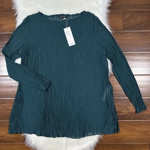 Eileen Fisher Size Medium Green Agean Crinkle Bateau Neck Silk Tunic Top Blouse - Picture 1 of 12