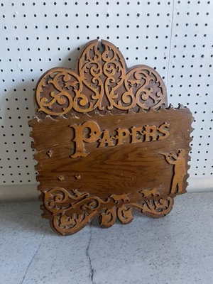 Antique Hand Carved Wooden Magazine Newspaper Wall Rack Pocket Hunting Motif! - Image 1 of 4