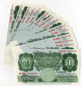 O'Brien Britannia Green One Pound £1 Banknote (1955 - 60) B273 near mint consec - Picture 1 of 4