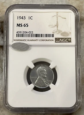 1943 Lincoln Steel Wheat Cent / Penny 1c  NGC MS 65 WWII Issue - Image 1 of 4