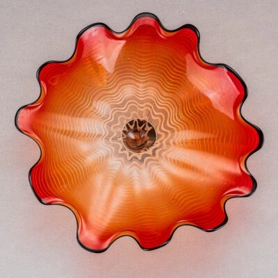 1PC Handmade Murano Platter Decor Black Rim Orange Floral Plate for Wall D12" - Image 1 of 4
