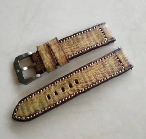 Correa de reloj vintage verde oliva/bronceado hecha a mano con hebilla de acero liso gratuita. - Imagen 1 de 6