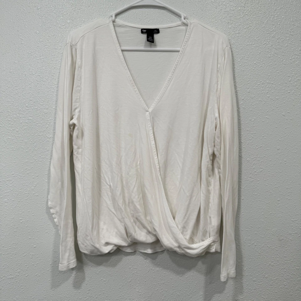 Gap Luxe 白色长袖上衣 XL 超大号 Surplice V 领休闲 — 第 1/4 张图片
