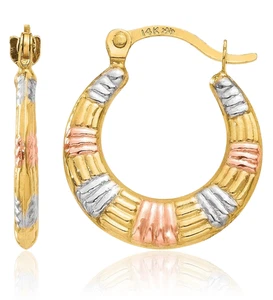 14K Solid Two Tone Gold Rose Oval Small Hoop Earrings - Picture 1 of 11