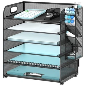 6 Tier Paper Organizer with 4 Pen Holders, Mesh Desk Letter Tray with Handle,... - Picture 1 of 7