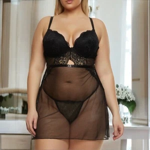 Babydoll Plus Size Black Sheer Lace Sleeveless & G String SET MSRP $101 Size 2X - Picture 1 of 6