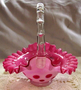 FENTON"50%SALE"CRANBERRY"OPALESCENT GLASS"COIN DOT"BASKET"1940's7"VINTAGE~MINT - Picture 1 of 5