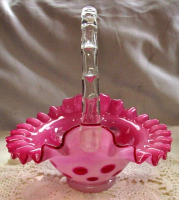 FENTON"50%SALE"CRANBERRY"OPALESCENT GLASS"COIN DOT"BASKET"1940's7"VINTAGE~MINT - Bild 1 von 4