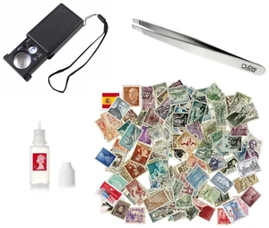 Spanien Briefmarken Starter Set x100 LED Lupe Pinzette Entferner Flüssigkeit - Bild 1 von 5