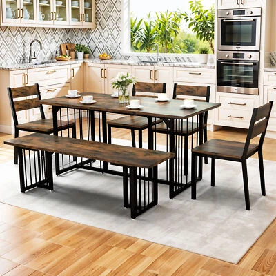 63" 6-Piece Farmhouse Dining Table Set Kitchen Table Set with  Bench & 4 Chair - Image 1 of 4