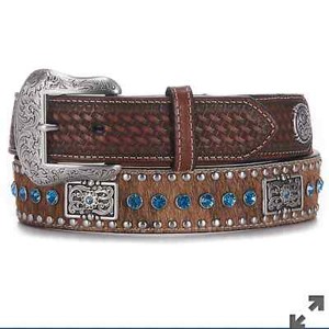 Nocona youth kids Brown Hair Blue Crystals Concho cowboy Western Belt size 22