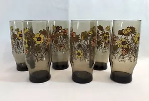 Vintage Rauch Bernstein Braun Glaswaren mit Gelber Butterdose Gänseblümchen Blumen 6er Set - Bild 1 von 4