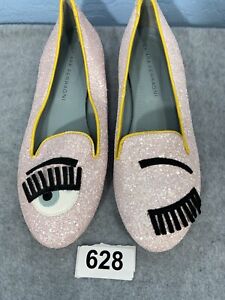 Chiara Ferragni 38 8 US Blush Glitter Flirting Winking Eye Loafer Ballet Shoes
