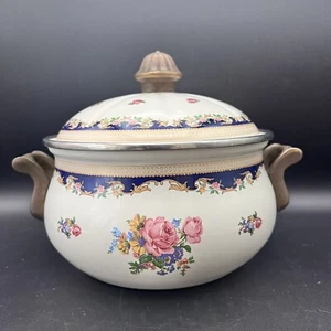 Asta Rose Enamelware Cookware Pot w/ Lid 7” Germany Brass Handles Floral Vintage - Picture 1 of 11