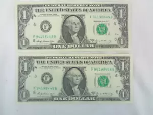 1969 One Dollar Bills (2) - Consecutive Numbers F9418448/9B Uncirculated - Picture 1 of 2