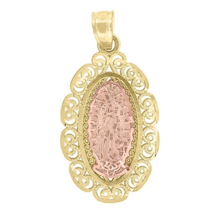 14Kt Gold Unisex Two-Tone Guadalupe Mary Oval Religious Pendant Charm - Picture 1 of 1