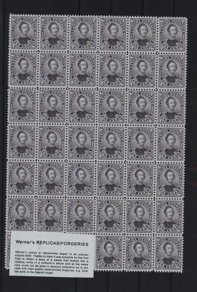 FALSIFICACIÓN - Hoja de FALSIFICACIÓN/RÉPLICA de Werner de Canadá 1859 - 10c Prince Al. Foto 1 de 1