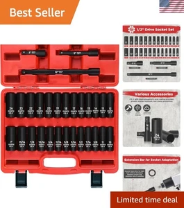 29-Piece 1/2" Chrome Vanadium Socket Set with Extension Bars - SAE & Metric - Picture 1 of 9