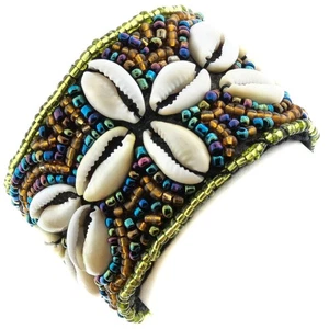 Handgefertigte Strand Kaurimuschel Peridot Pfau Glas kleine Perlen Armband, 1 1/2" - Bild 1 von 2