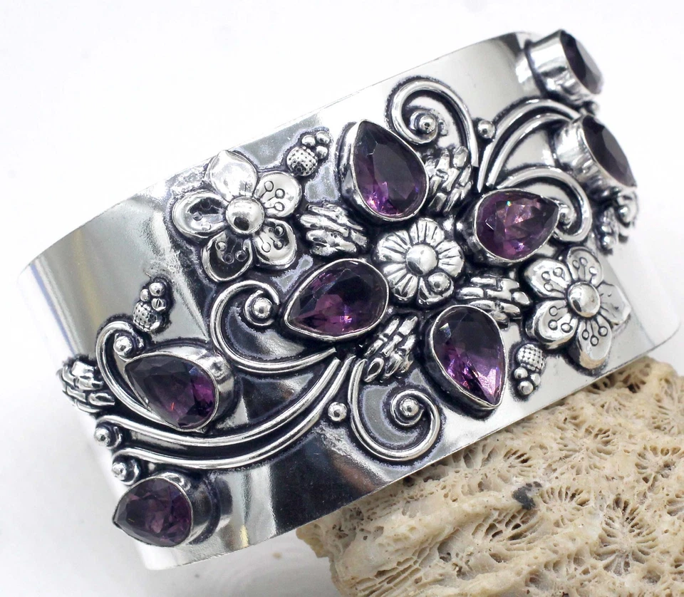 925 Sterling Silver Purple Amethyst Gemstone Jewelry Cuff Bracelet Size-ADJ" - Image 1 of 4