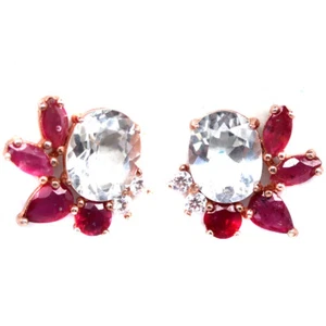 925 Sterling Silver 8 x 10 MM. White Topaz, Ruby & Zircon Earrings - Picture 1 of 4