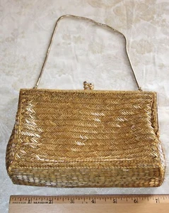 Vintage MCM Ladies Purse Gold Glass Bugle Bead Walbarg - Picture 1 of 13