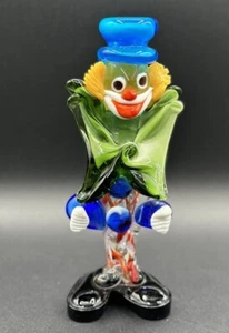 Vintage Murano Kunst Glas Clown mit blauem Hut und riesiger grüner Schleife - Bild 1 von 7