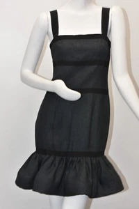 $1750 New Oscar de la Renta Broad Strap Flounce CASUAL Dress Black Navy LINEN 4 - Picture 1 of 9