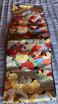 Genuine Kimono Obi Silk Belt Japanese Gold & Black Floral Brocade Fabric 13 Ft. - Image 1 of 4
