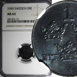 Sweden Gustaf V Iron 1949 1 Ore NGC MS63 KM# 810 (121) - Picture 1 of 4