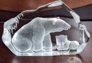 Mat Jonasson Sweden Signed Crystal Polar Bear & Cub Iceberg Sculpture 9x5.5x2" - Picture 1 of 10