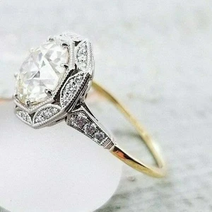 Art Deco 3Ct Lab Created Diamond Old European Engagement 14K Yellow Gold FN Ring - Picture 1 of 9