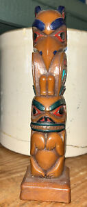 9” Alaska Totem Pole Signed Raven Hand carved Native American