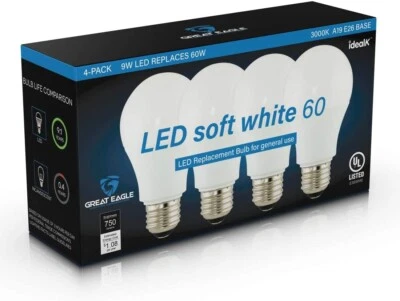 GREAT EAGLE LIGHTING CORPORATION Great Eagle 60W Replacement A19 LED bulb: 2700K/3000K/5000K (4- or 8-Pack)
